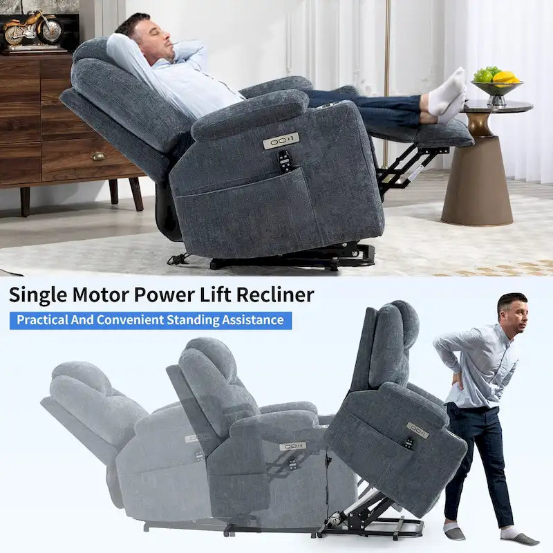 Blue Lift Recliner with 8-Point Massage, Lumbar Heating, Dual USB Ports, and Stainless Steel Cup Holders