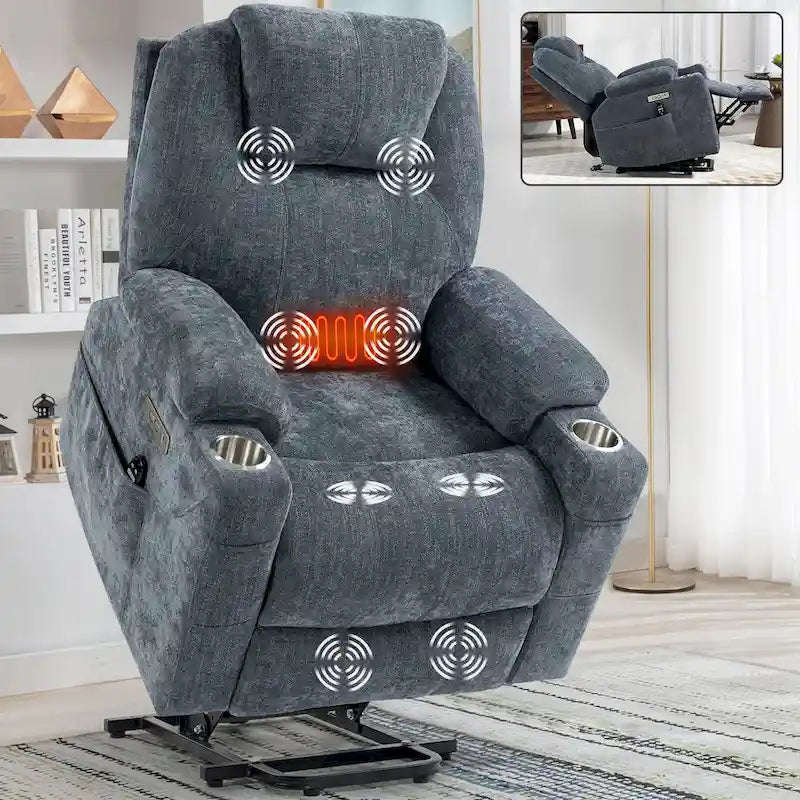 Blue Lift Recliner with 8-Point Massage, Lumbar Heating, Dual USB Ports, and Stainless Steel Cup Holders