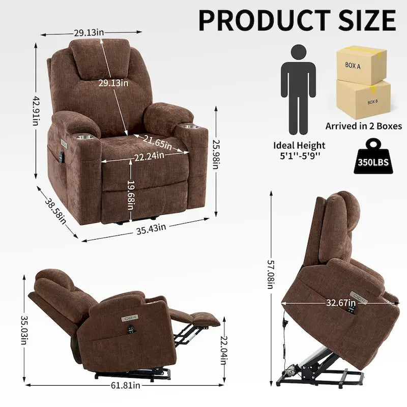 Blue Lift Recliner with 8-Point Massage, Lumbar Heating, Dual USB Ports, and Stainless Steel Cup Holders