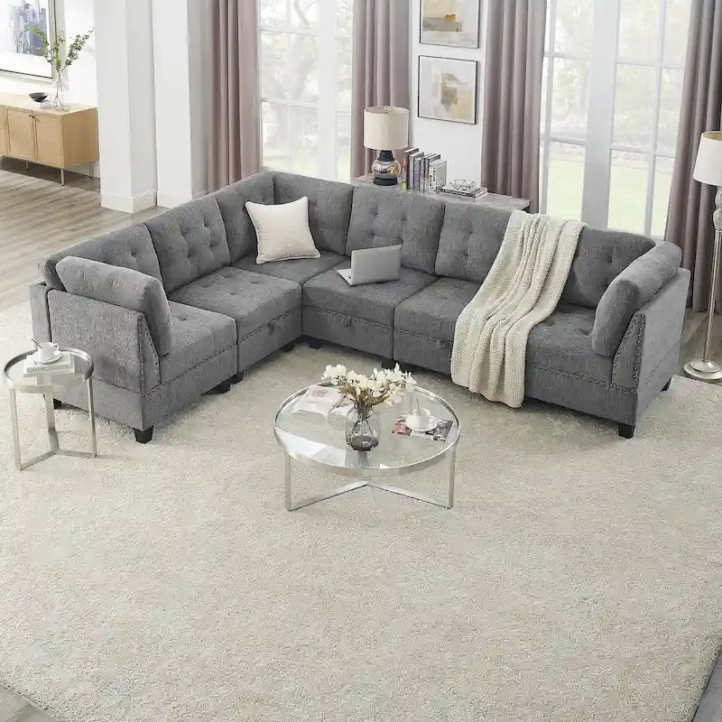 Grey 116  L-Shaped 6-Seat Sofa with Chairs and Storage