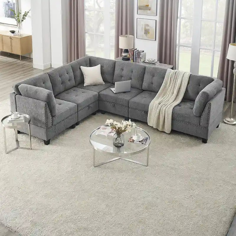 Grey 116  L-Shaped 6-Seat Sofa with Chairs and Storage