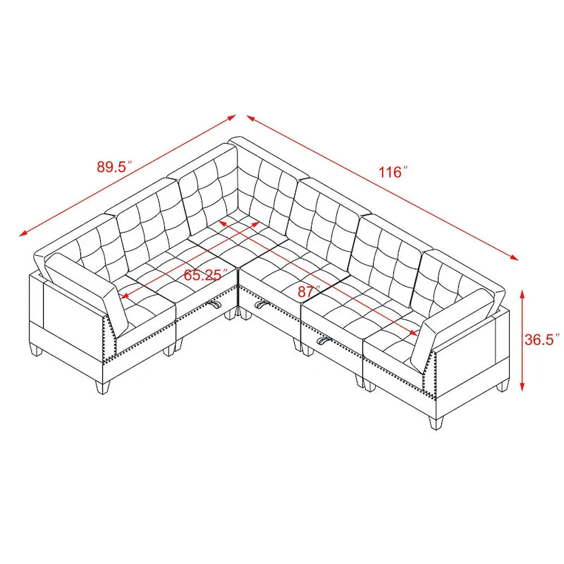 Grey 116  L-Shaped 6-Seat Sofa with Chairs and Storage