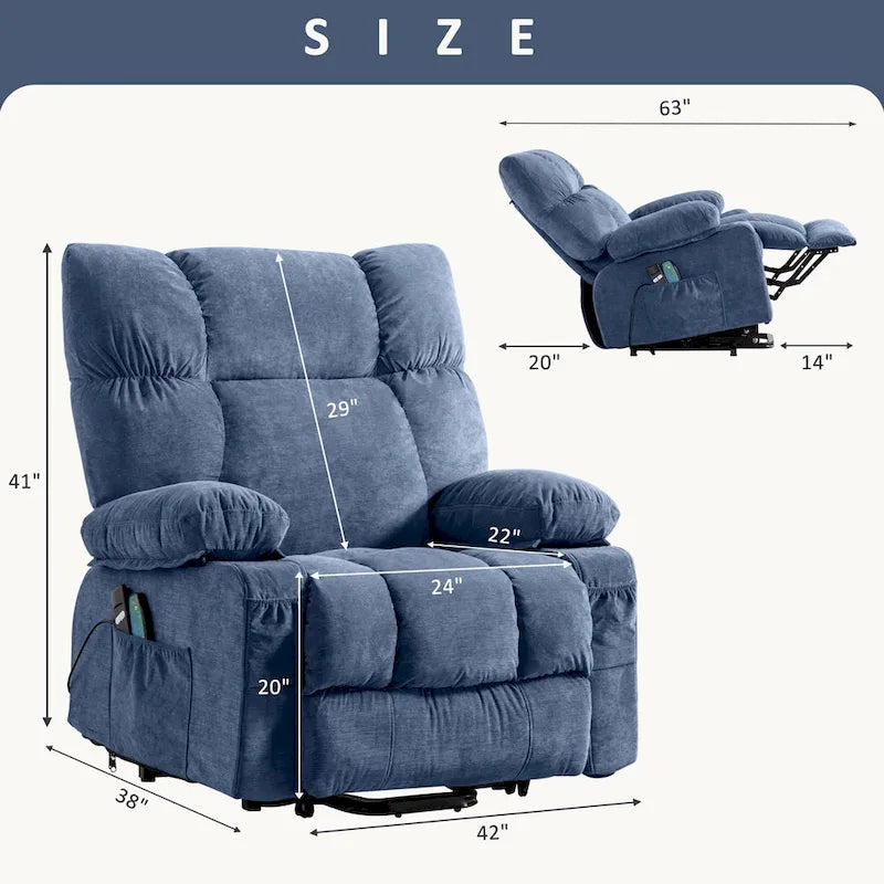 Blue Power Lift Recliner with Heat, Massage & USB Ports