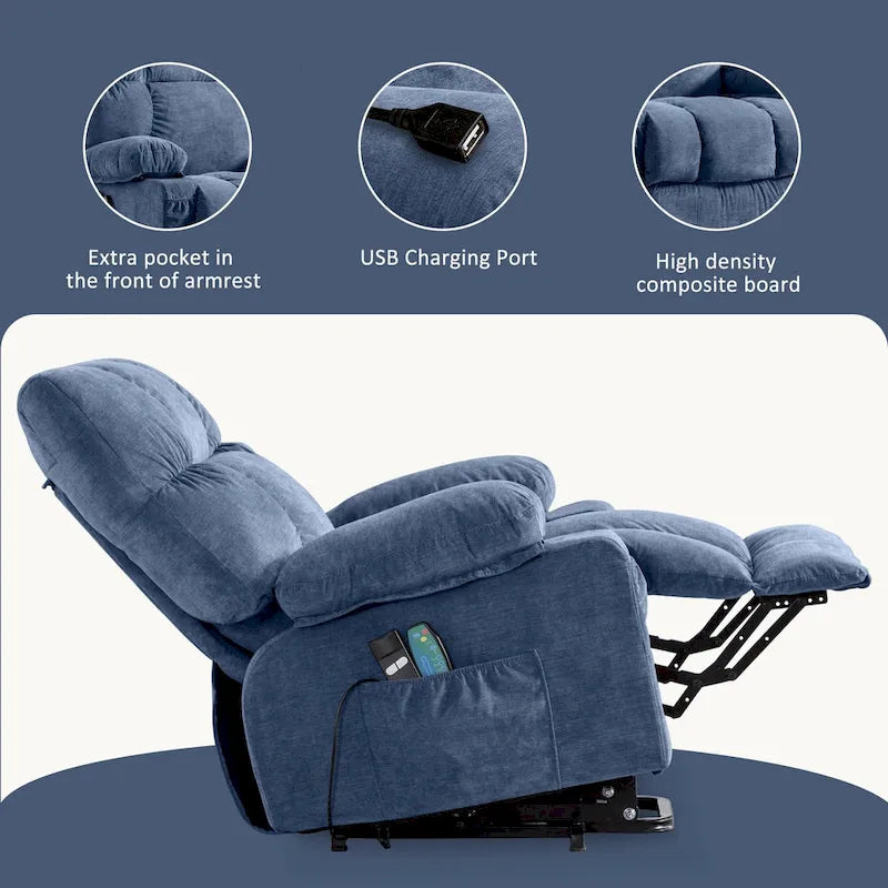 Blue Power Lift Recliner with Heat, Massage & USB Ports