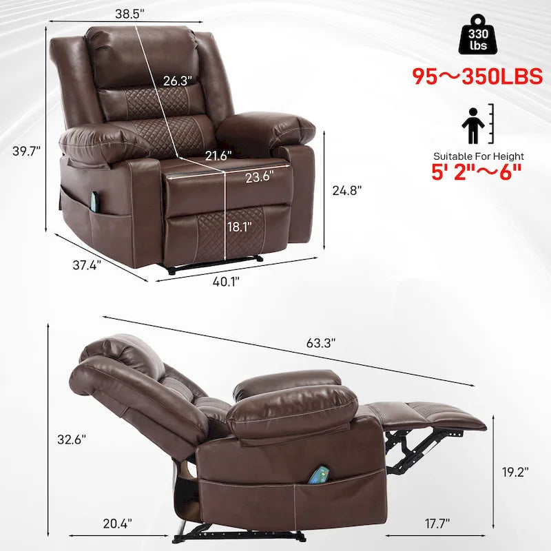 Brown Manual Leather Massage Recliner with 8-Point Vibration, Lumbar Heating, and Multi-Reclining Options