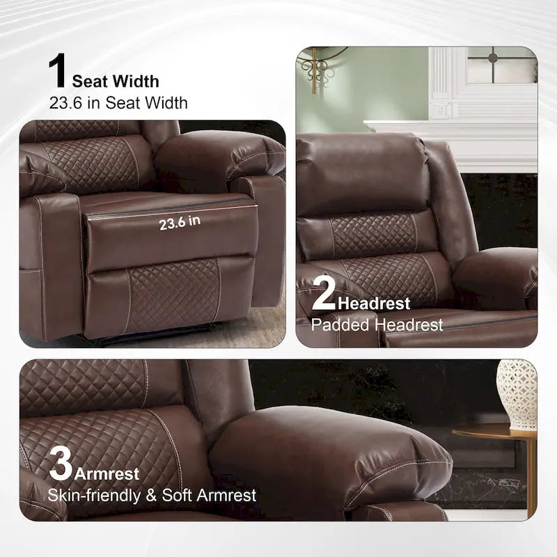 Brown Manual Leather Massage Recliner with 8-Point Vibration, Lumbar Heating, and Multi-Reclining Options