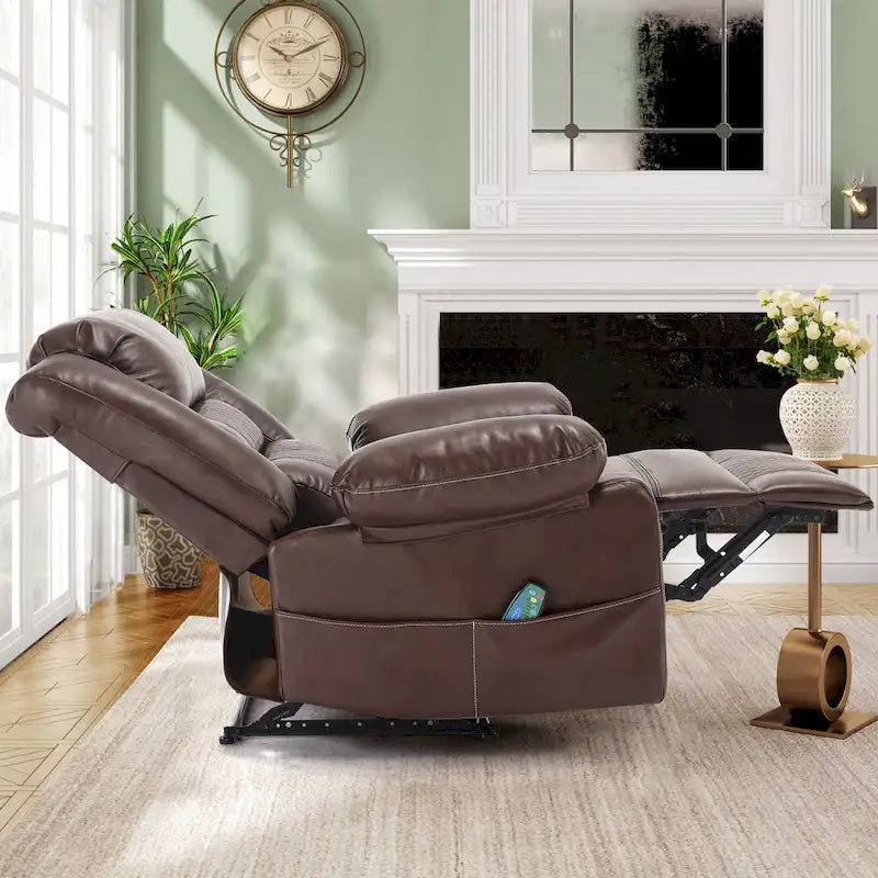 Brown Manual Leather Massage Recliner with 8-Point Vibration, Lumbar Heating, and Multi-Reclining Options