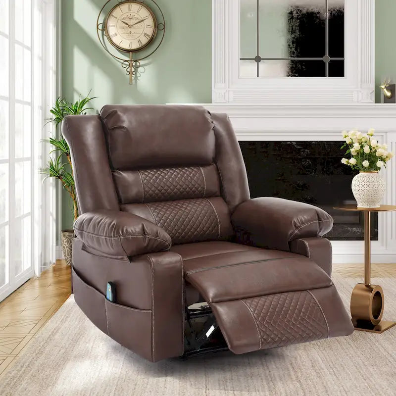 Brown Manual Leather Massage Recliner with 8-Point Vibration, Lumbar Heating, and Multi-Reclining Options