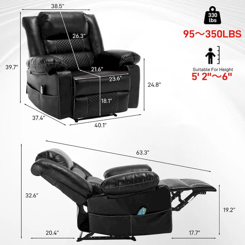 Brown Manual Leather Massage Recliner with 8-Point Vibration, Lumbar Heating, and Multi-Reclining Options