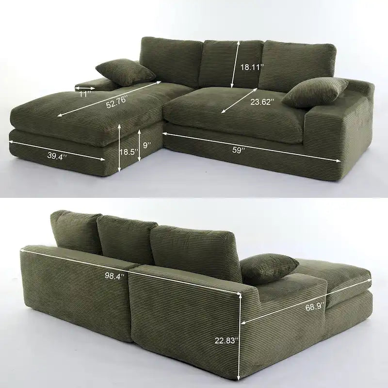 Green 98.4  L-Shaped 4-Seater Modular Sectional Sofa with Chaise, Modern Design, and Comfortable High-Resilience Foam Cushions