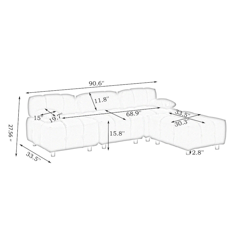 90.6  Foldable 3 Seater Sofa with Chaise, Waterproof, Stain-Resistant, and Cat Scratch-Proof