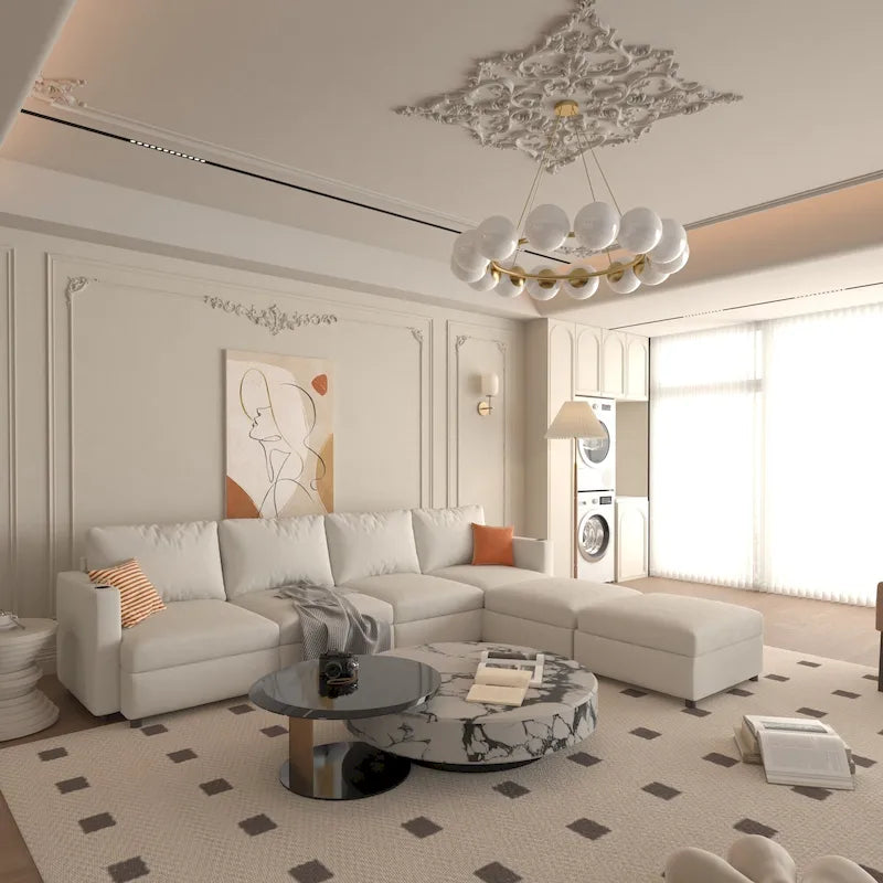 White 123  U-Shaped Modular 4 Seater Sectional Sofa with Storage Ottomans, Easy Assembly and Transport