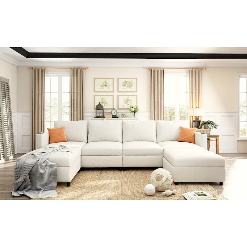 White 123  U-Shaped Modular 4 Seater Sectional Sofa with Storage Ottomans, Easy Assembly and Transport
