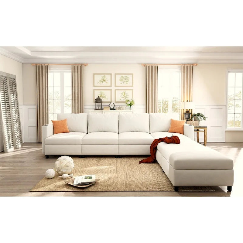 White 123  U-Shaped Modular 4 Seater Sectional Sofa with Storage Ottomans, Easy Assembly and Transport