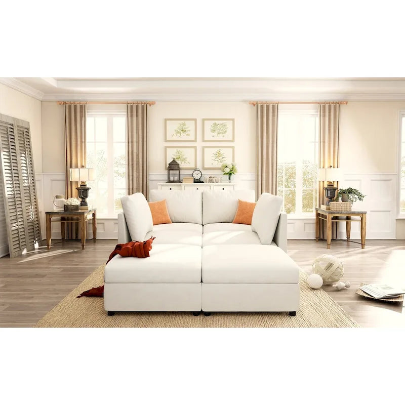 White 123  U-Shaped Modular 4 Seater Sectional Sofa with Storage Ottomans, Easy Assembly and Transport