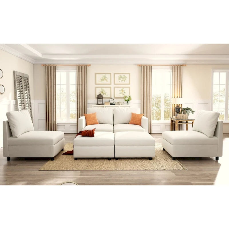 White 123  U-Shaped Modular 4 Seater Sectional Sofa with Storage Ottomans, Easy Assembly and Transport