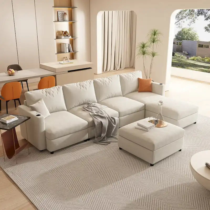 White 123  U-Shaped Modular 4 Seater Sectional Sofa with Storage Ottomans, Easy Assembly and Transport