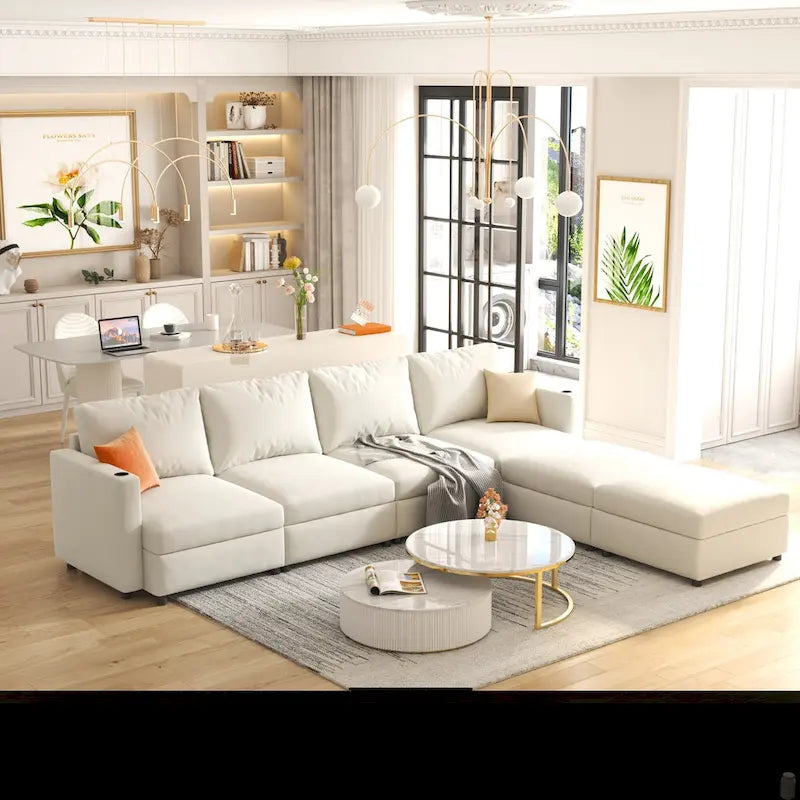 White 123  U-Shaped Modular 4 Seater Sectional Sofa with Storage Ottomans, Easy Assembly and Transport