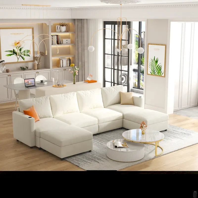 White 123  U-Shaped Modular 4 Seater Sectional Sofa with Storage Ottomans, Easy Assembly and Transport