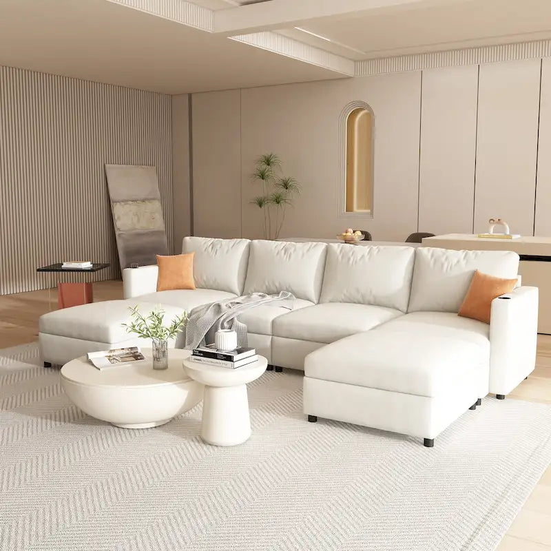 White 123  U-Shaped Modular 4 Seater Sectional Sofa with Storage Ottomans, Easy Assembly and Transport