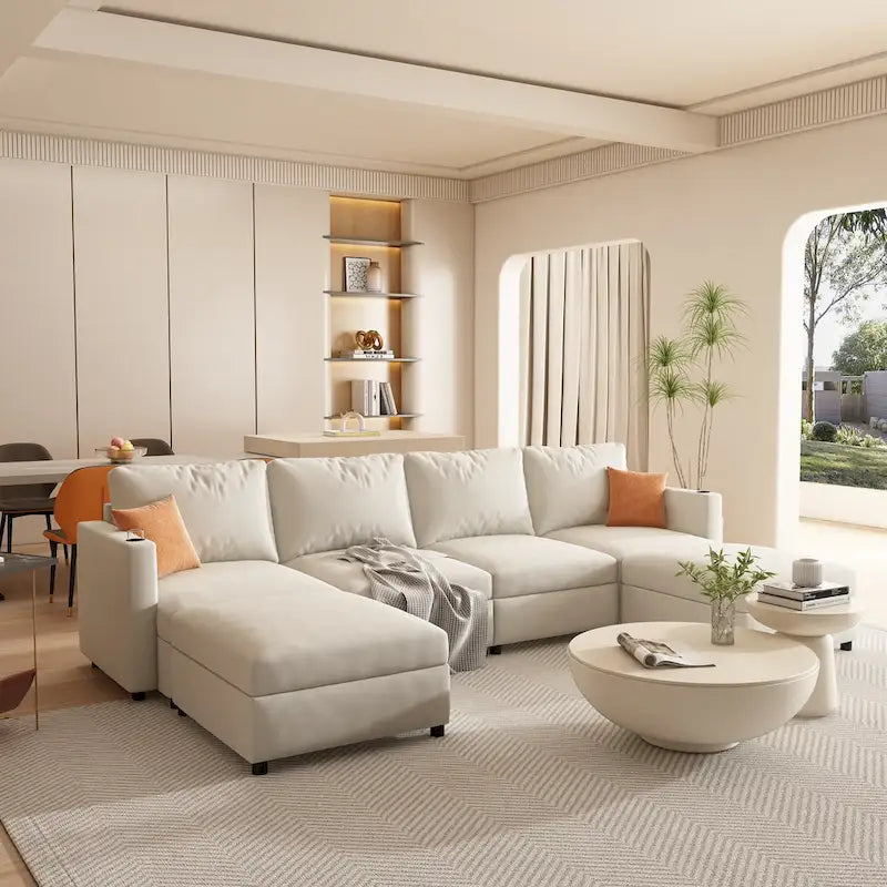 White 123  U-Shaped Modular 4 Seater Sectional Sofa with Storage Ottomans, Easy Assembly and Transport