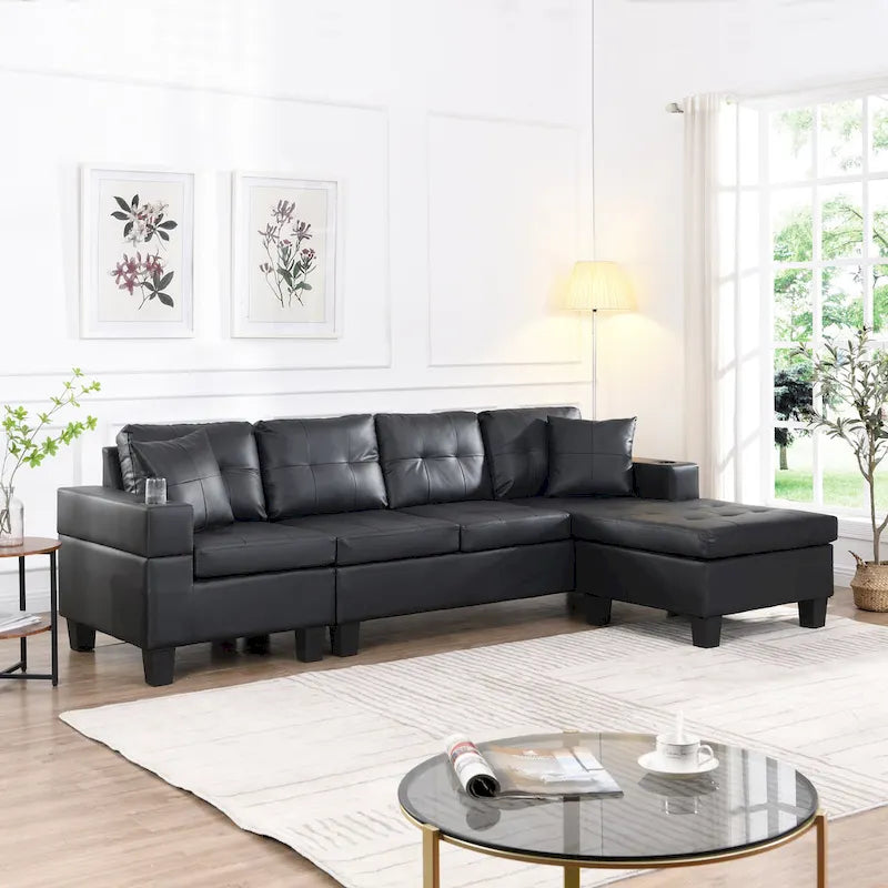 Black 96.06  Contemporary L-Shaped 4-Seater Sectional Sofa with Chaise Lounge, Cup Holders, and Throw Pillows Included
