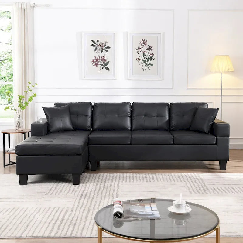 Black 96.06  Contemporary L-Shaped 4-Seater Sectional Sofa with Chaise Lounge, Cup Holders, and Throw Pillows Included