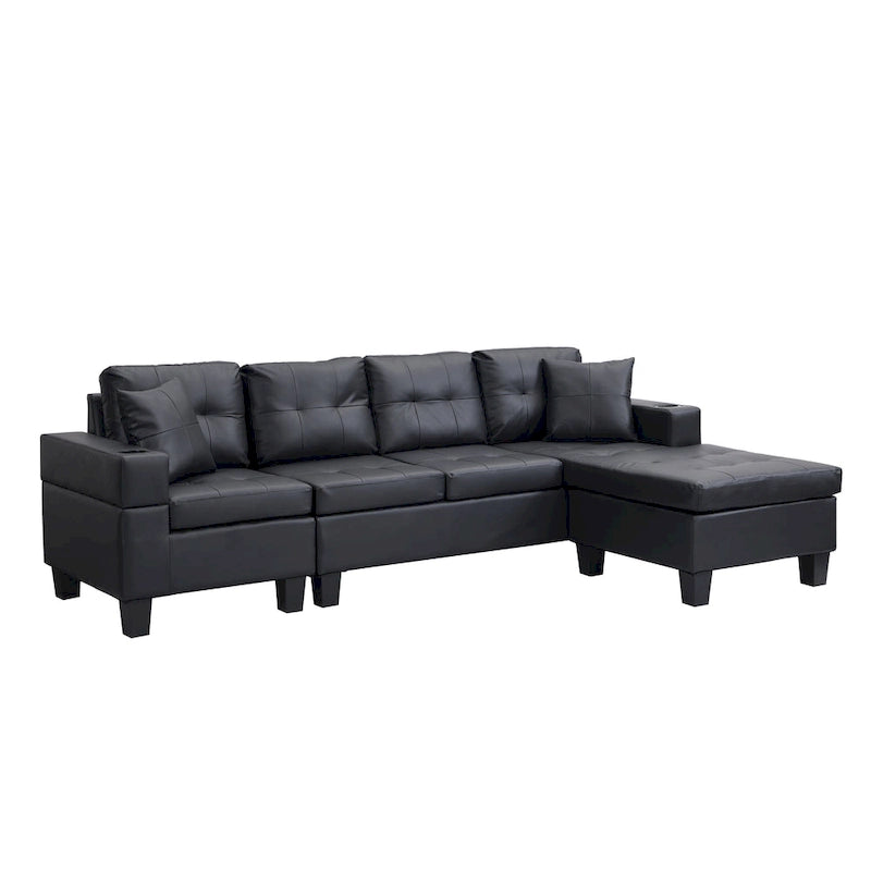 Black 96.06  Contemporary L-Shaped 4-Seater Sectional Sofa with Chaise Lounge, Cup Holders, and Throw Pillows Included