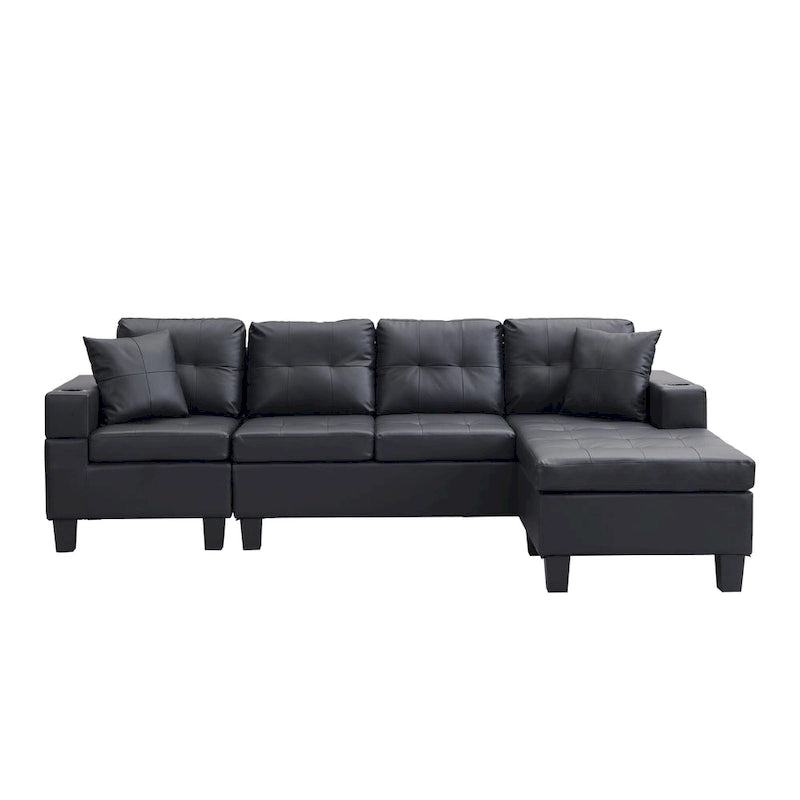 Black 96.06  Contemporary L-Shaped 4-Seater Sectional Sofa with Chaise Lounge, Cup Holders, and Throw Pillows Included