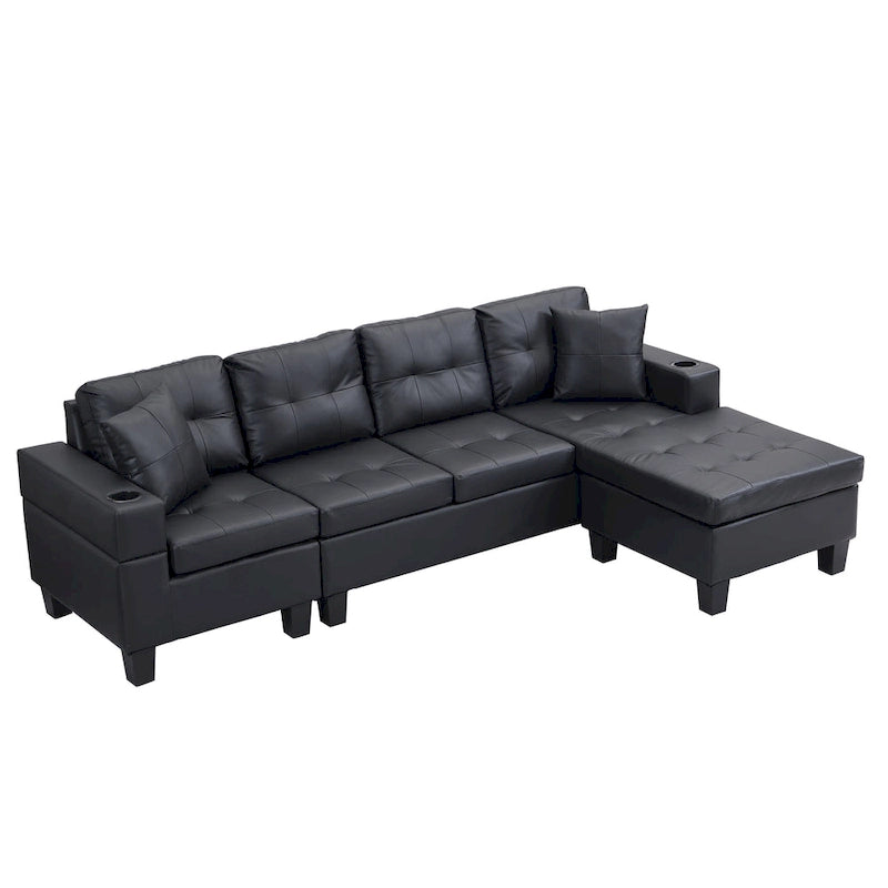 Black 96.06  Contemporary L-Shaped 4-Seater Sectional Sofa with Chaise Lounge, Cup Holders, and Throw Pillows Included