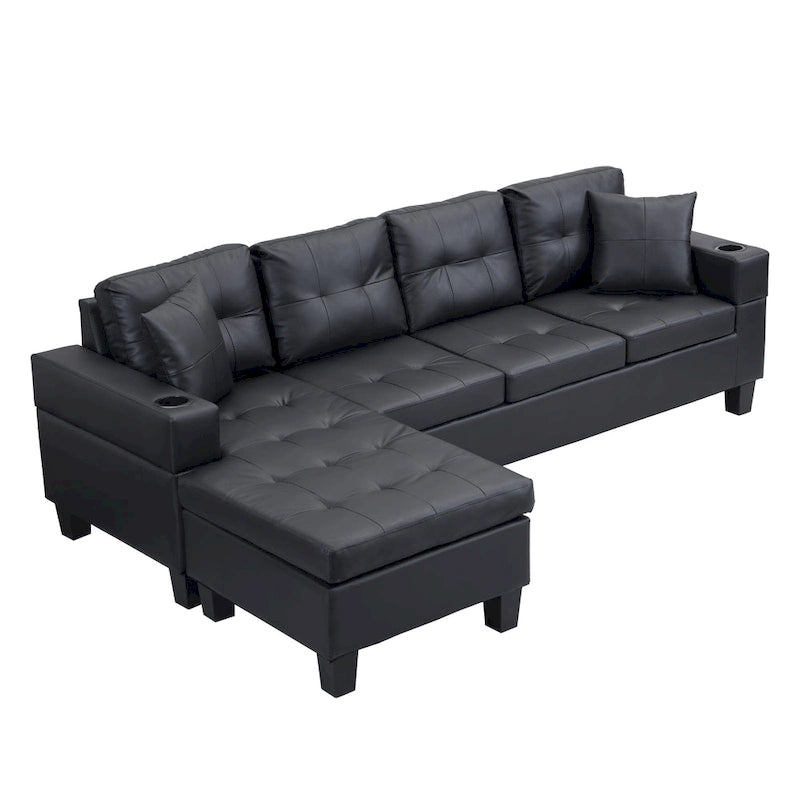 Black 96.06  Contemporary L-Shaped 4-Seater Sectional Sofa with Chaise Lounge, Cup Holders, and Throw Pillows Included