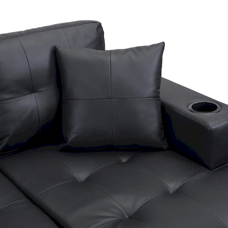 Black 96.06  Contemporary L-Shaped 4-Seater Sectional Sofa with Chaise Lounge, Cup Holders, and Throw Pillows Included