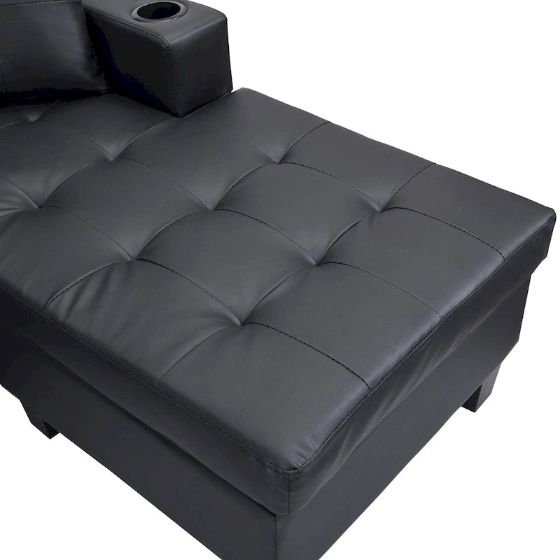 Black 96.06  Contemporary L-Shaped 4-Seater Sectional Sofa with Chaise Lounge, Cup Holders, and Throw Pillows Included