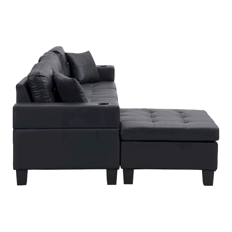 Black 96.06  Contemporary L-Shaped 4-Seater Sectional Sofa with Chaise Lounge, Cup Holders, and Throw Pillows Included