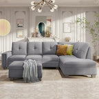 105.2  Reversible L-Shaped 6-Seater Sectional Sofa with Storage Ottoman and Cup Holders, Space-Saving Linen Design