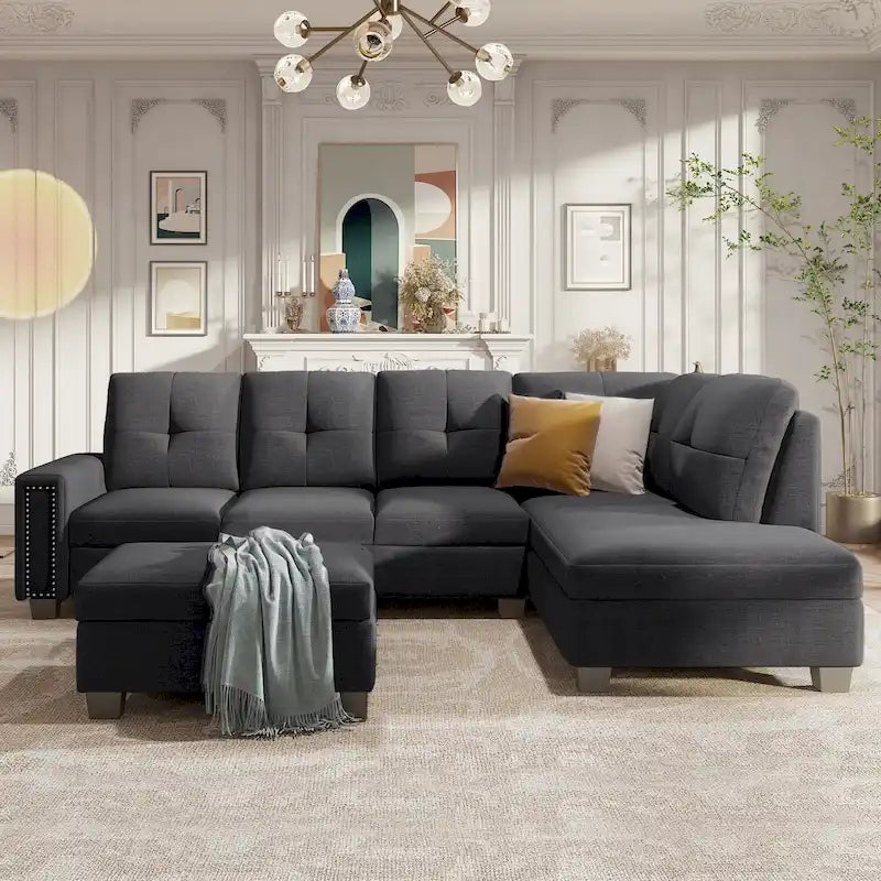 105.2  Reversible L-Shaped 6-Seater Sectional Sofa with Storage Ottoman and Cup Holders, Space-Saving Linen Design