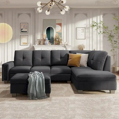 105.2  Reversible L-Shaped 6-Seater Sectional Sofa with Storage Ottoman and Cup Holders, Space-Saving Linen Design