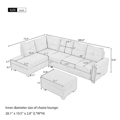 105.2  Reversible L-Shaped 6-Seater Sectional Sofa with Storage Ottoman and Cup Holders, Space-Saving Linen Design
