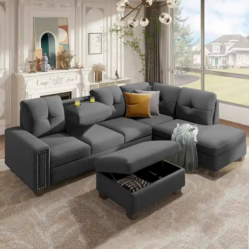 105.2  Reversible L-Shaped 6-Seater Sectional Sofa with Storage Ottoman and Cup Holders, Space-Saving Linen Design