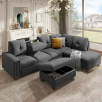 105.2  Reversible L-Shaped 6-Seater Sectional Sofa with Storage Ottoman and Cup Holders, Space-Saving Linen Design