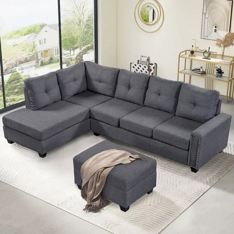 105.2  Reversible L-Shaped 6-Seater Sectional Sofa with Storage Ottoman and Cup Holders, Space-Saving Linen Design