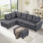 105.2  Reversible L-Shaped 6-Seater Sectional Sofa with Storage Ottoman and Cup Holders, Space-Saving Linen Design