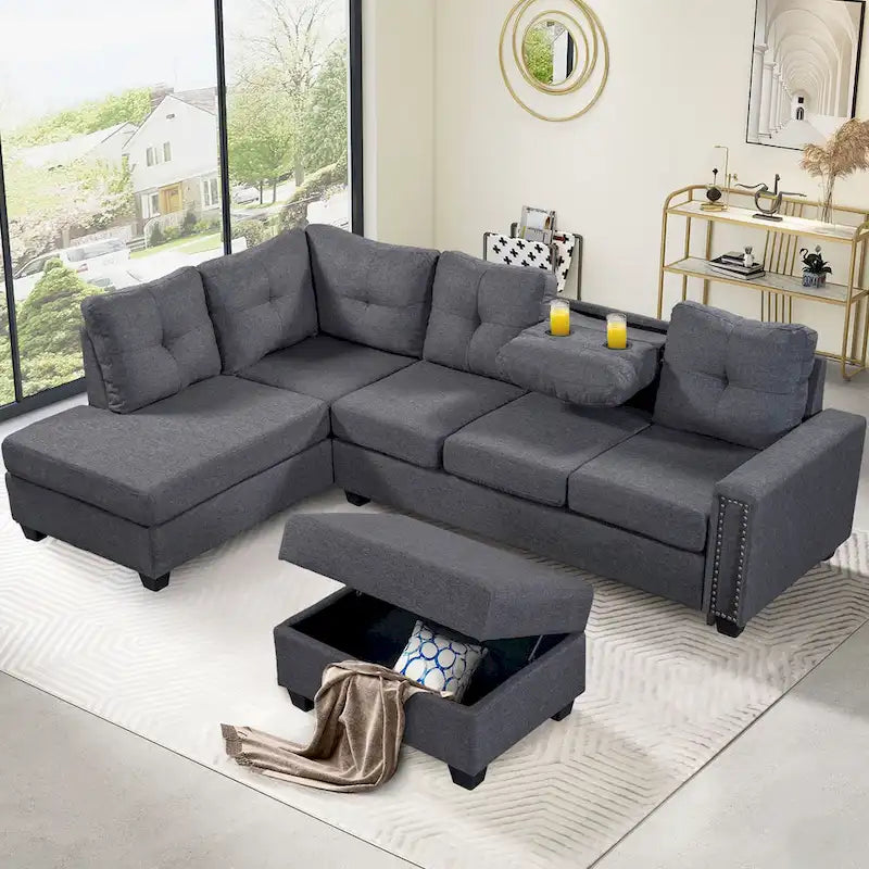 105.2  Reversible L-Shaped 6-Seater Sectional Sofa with Storage Ottoman and Cup Holders, Space-Saving Linen Design