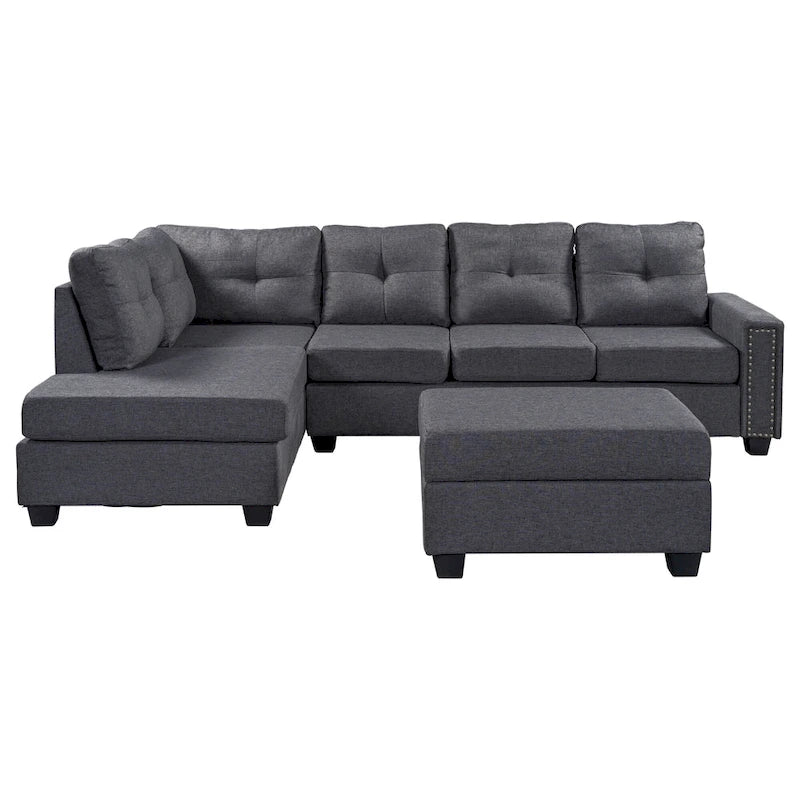 105.2  Reversible L-Shaped 6-Seater Sectional Sofa with Storage Ottoman and Cup Holders, Space-Saving Linen Design