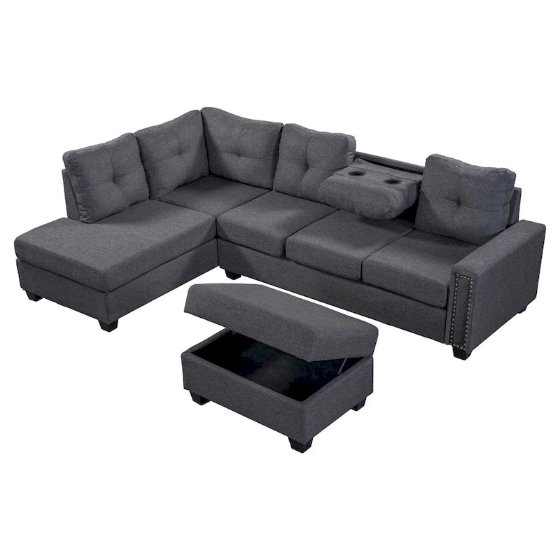 105.2  Reversible L-Shaped 6-Seater Sectional Sofa with Storage Ottoman and Cup Holders, Space-Saving Linen Design