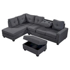 105.2  Reversible L-Shaped 6-Seater Sectional Sofa with Storage Ottoman and Cup Holders, Space-Saving Linen Design