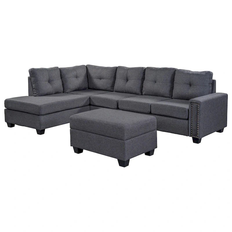 105.2  Reversible L-Shaped 6-Seater Sectional Sofa with Storage Ottoman and Cup Holders, Space-Saving Linen Design