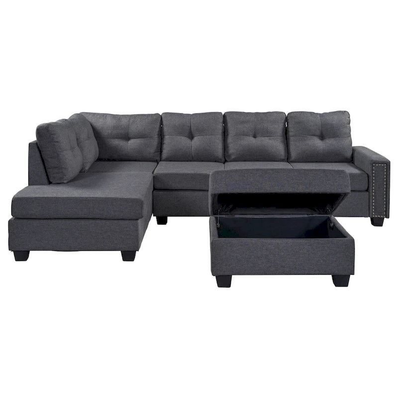 105.2  Reversible L-Shaped 6-Seater Sectional Sofa with Storage Ottoman and Cup Holders, Space-Saving Linen Design