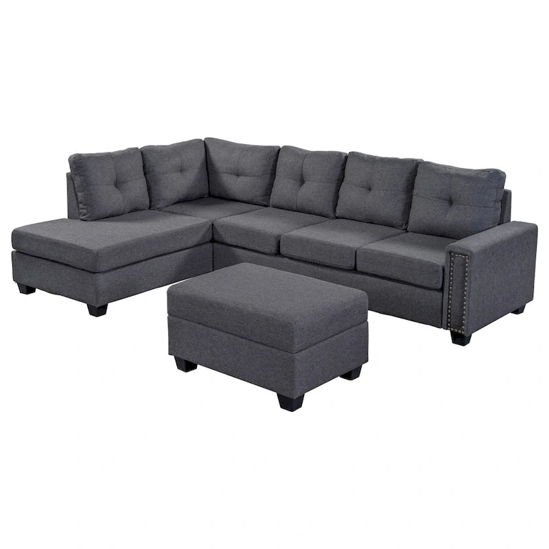 105.2  Reversible L-Shaped 6-Seater Sectional Sofa with Storage Ottoman and Cup Holders, Space-Saving Linen Design