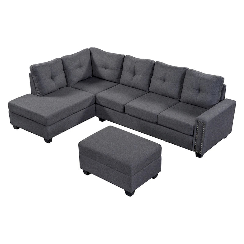 105.2  Reversible L-Shaped 6-Seater Sectional Sofa with Storage Ottoman and Cup Holders, Space-Saving Linen Design